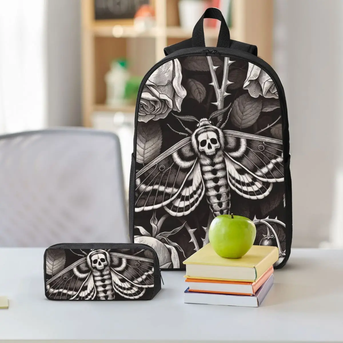 Gothic Skull Moth And Flower Design Backpack Boys Girls BookBag School Bag Shoulder Bags 3ps Insulated Lunch Bag Pencil Case
