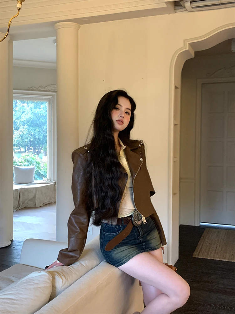 

Коричневая кожаная куртка ort Motorcycle Sle, женская верхняя одежда с одной головкой Aa, весна 2024, Новое поступление, модный топ