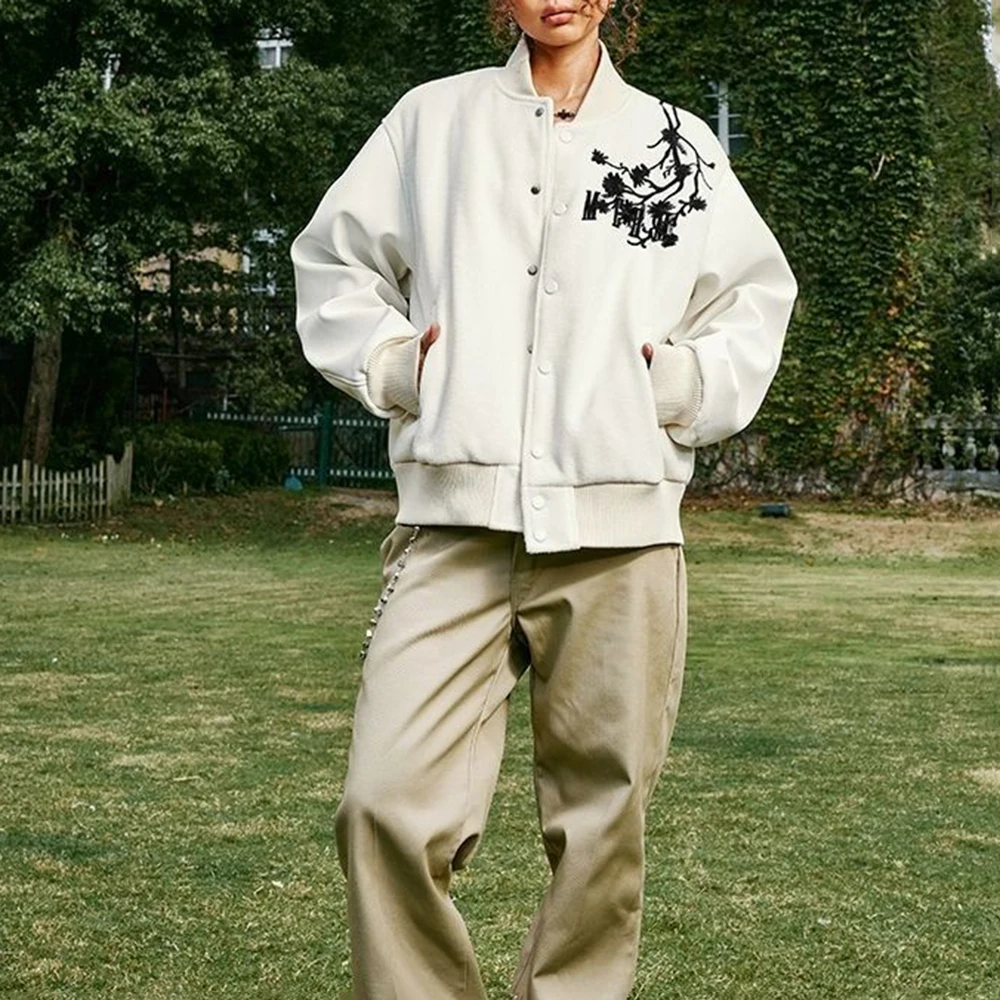 Autumn And Winter Fashion Trend Jacket Couple Coat American High Street Daisy Embroidered Baseball Jacket Coat Mens Clothing