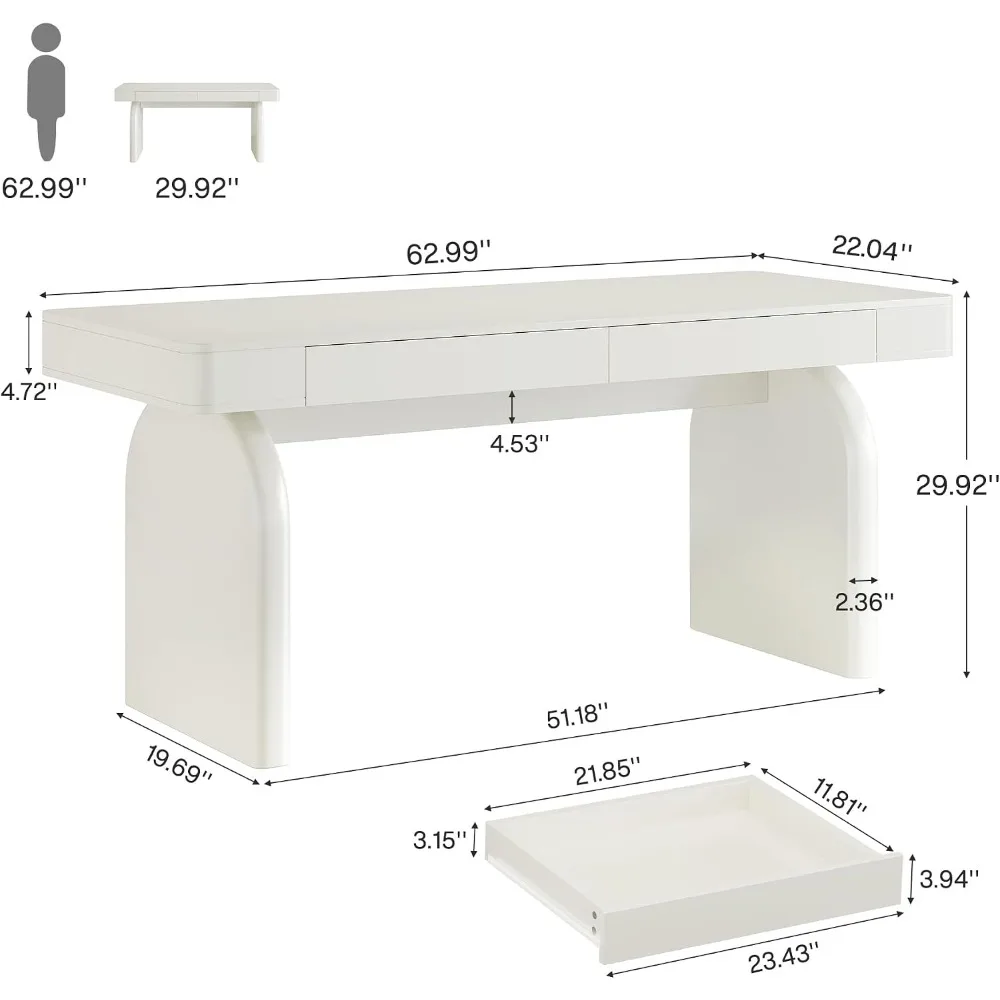 Tribesigns White Desk with Drawers, 63-Inch Modern Executive Office Desk, Glossy Elegant Work Study Writing Table for Home Office, Cream White