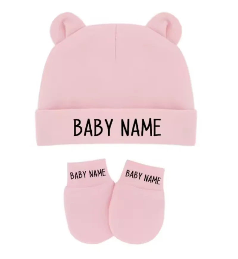 Personalized Newborn Baby Beanie Cute Baby Name Hat and Gloves with Ears Cotton Stretch Boys Girls Warm Hat Gloves Shower Gift