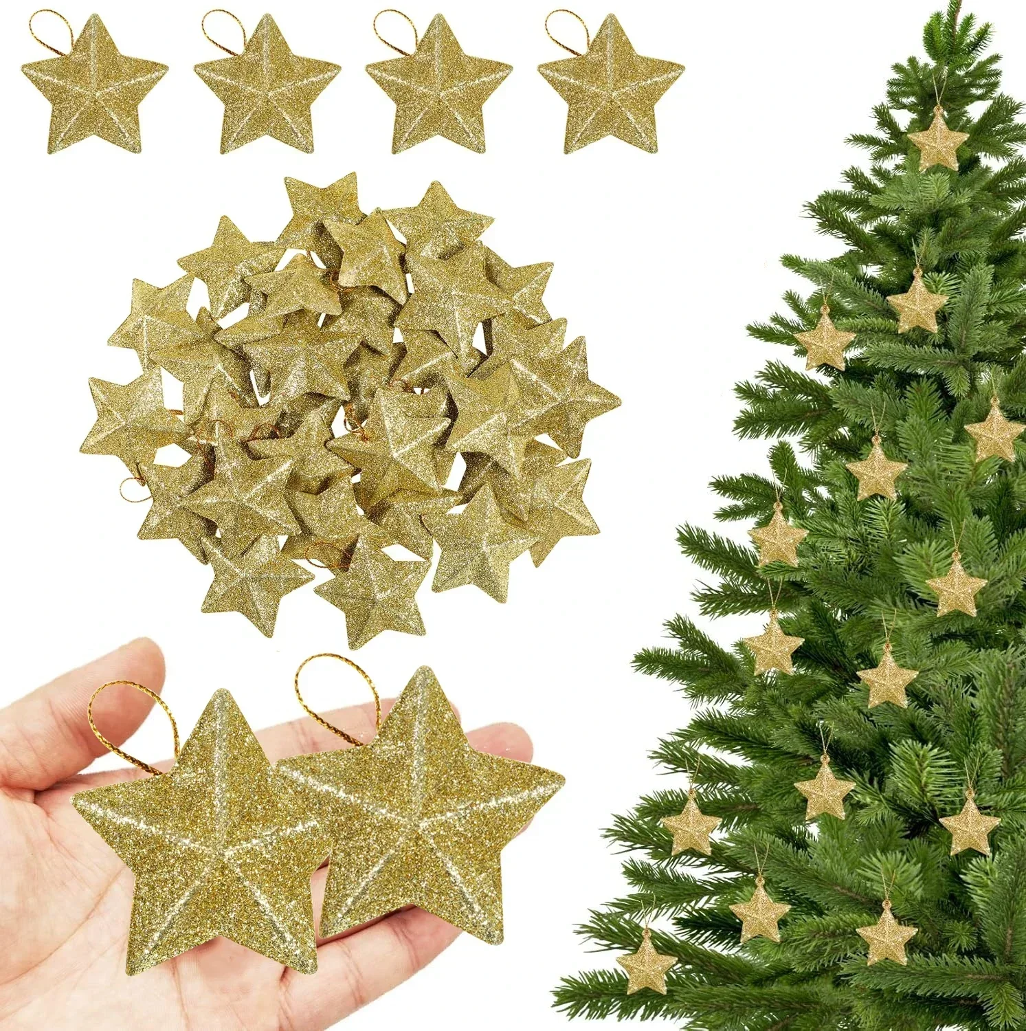 6/24 pçs ouro glitter estrela ornamentos árvore de natal pendurado pingente 2024 decorações de natal para casa navidad festa de ano novo