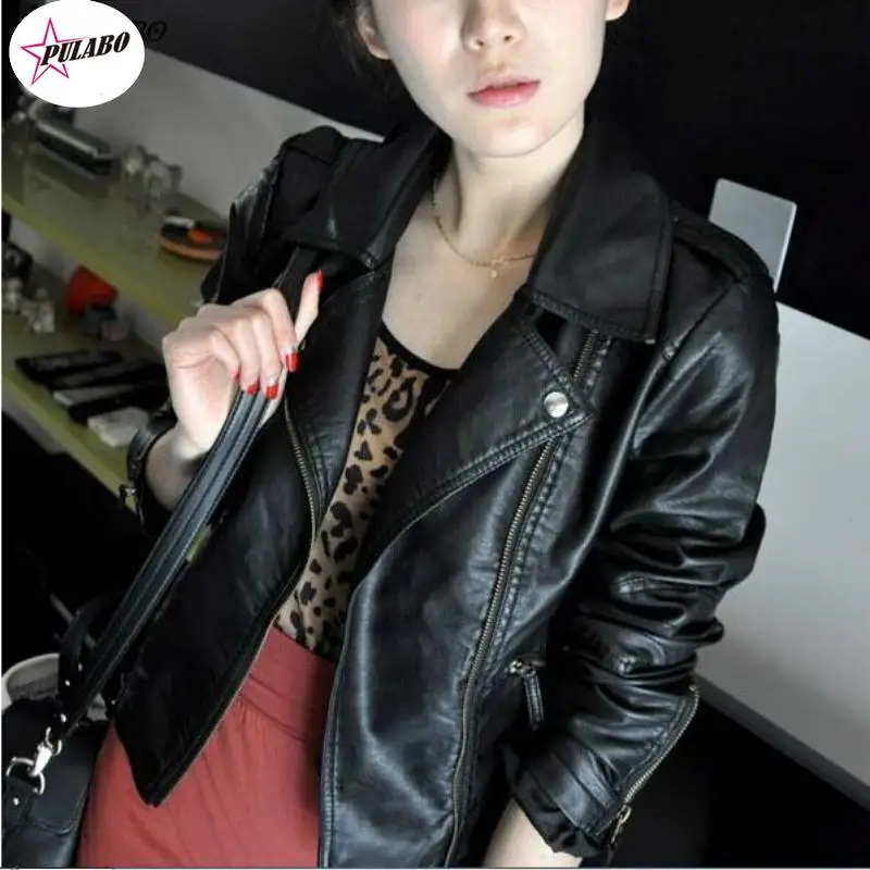 PULABO Pu Leather Jacket Women Fashion Bright Colors Black White Motorcycle Coat Short Faux Leather Biker Jacket Soft Jacket