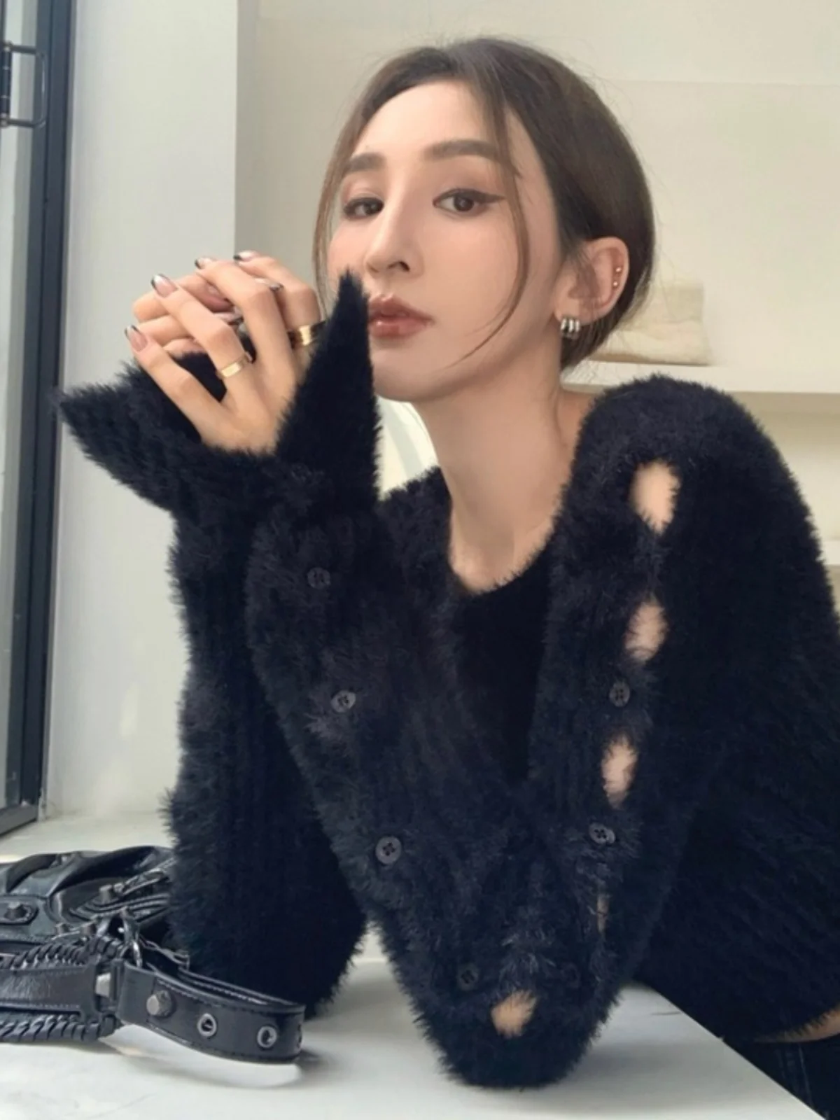 

Soft Cozy ort Hollow out Knitted Sweater Women's Inner Wear Sweet Sle round Ne Other Material 00% Autumn Winter Top