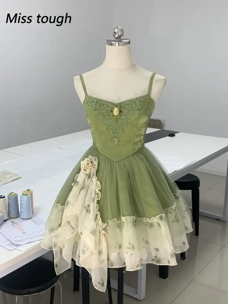Feminino verde estilo fada vestido fino ajuste cinta de espaguete renda plissado hem malha vintage retalhos elegante kawaii roupa estética