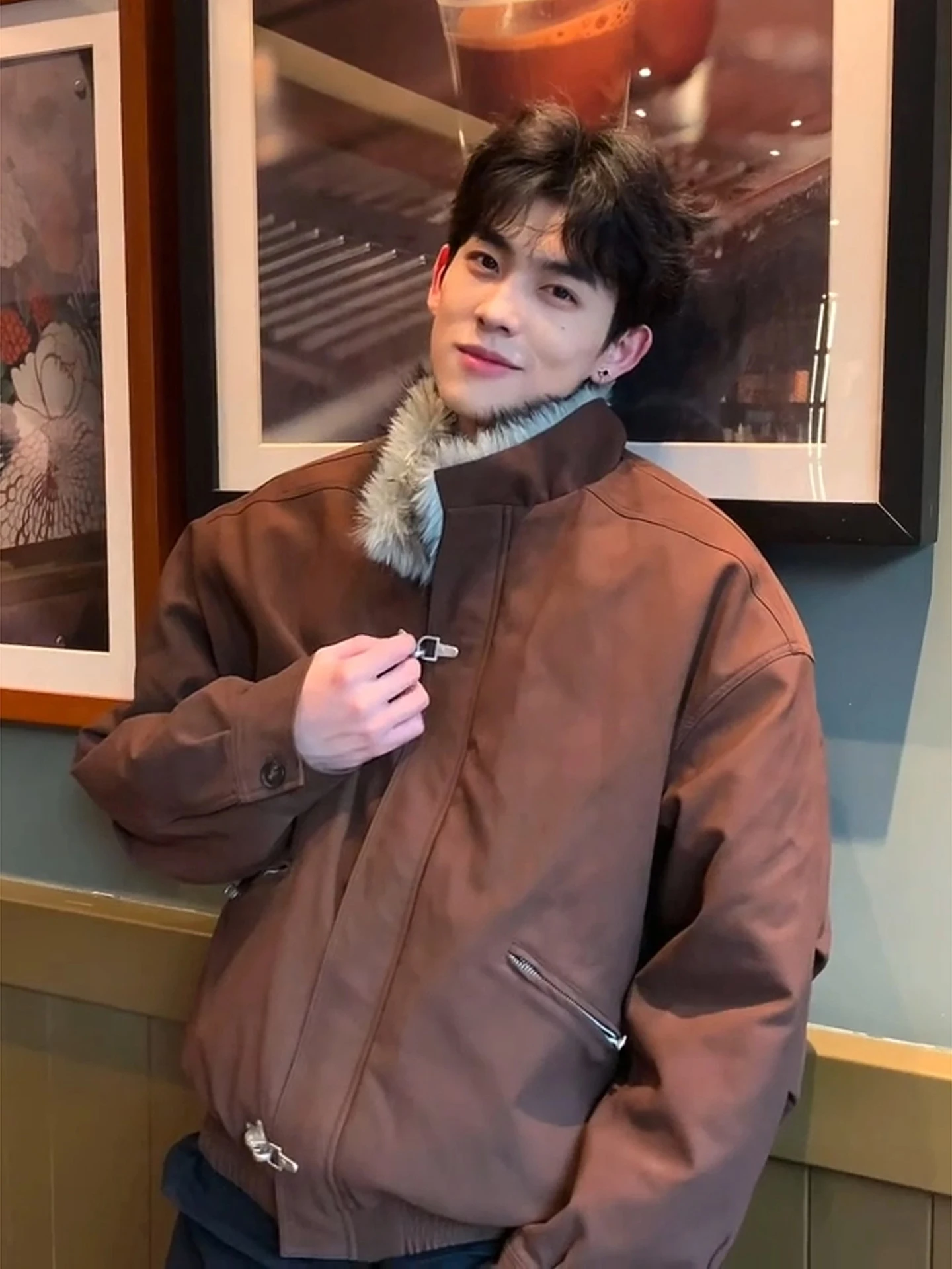 

Brown Fur Collar Men's Cotton Jaet Winter Thiened Warm Zipper Closure Long Sve Coat Youth Faion Casual Wear