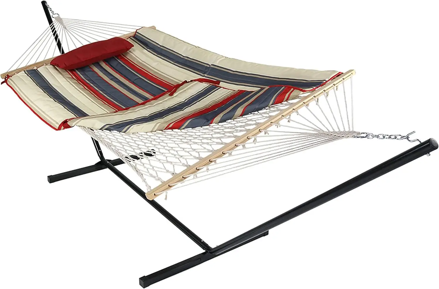 

Sunnydaze Rope Hammock with Stand for Outside - Heavy Duty Freestanding Portable Outdoor Hammock Set with Quilted Pad, Pillow, a