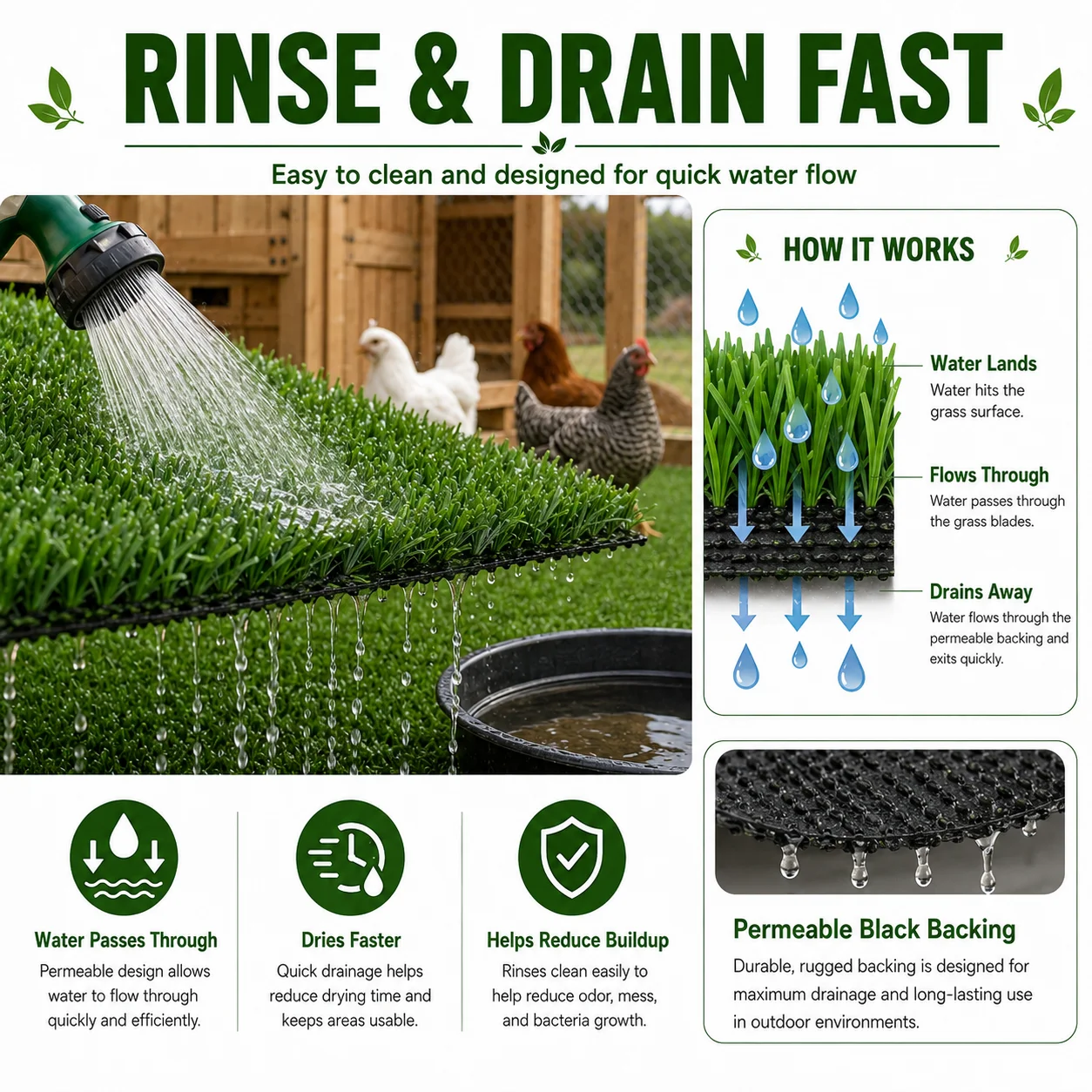 6FT X 10FT Artificial Grass Turf Roll, 0.4in Poultry Coop Flooring Mat for Chickens & Ducks, Quick Drain Synthetic Grass Rug with Black Backing, Easy to Clean Outdoor Farm Run Ground Cover with Stakes