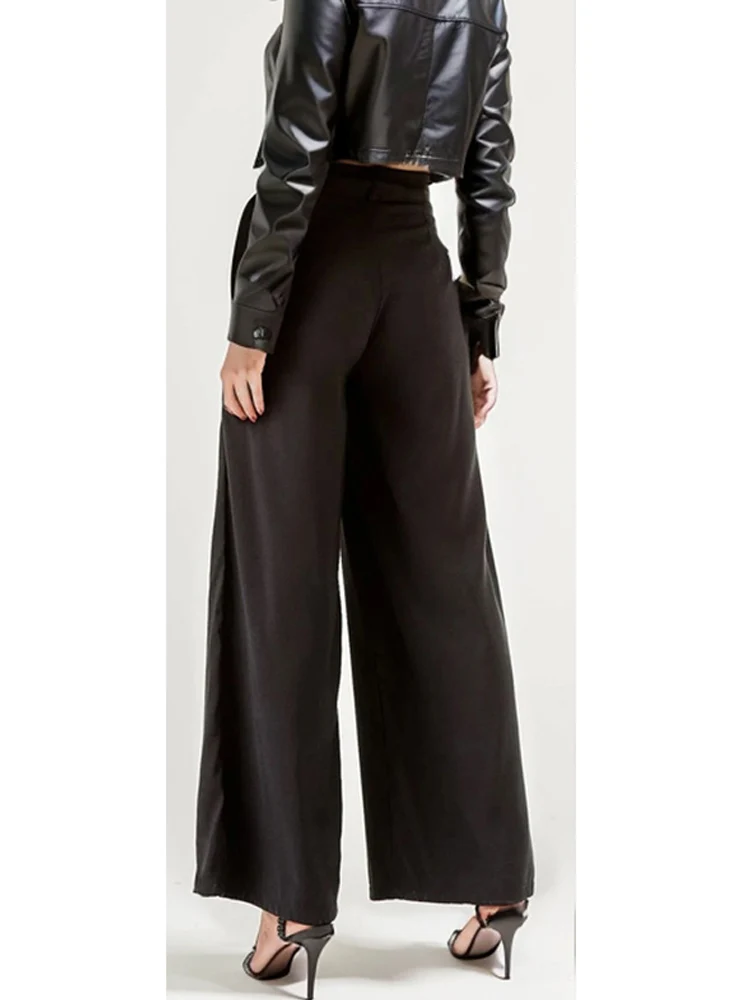 Vangull Women Wide Leg Pants Solid Female Summer New Black Loose Pocket Simple High Waist Pants