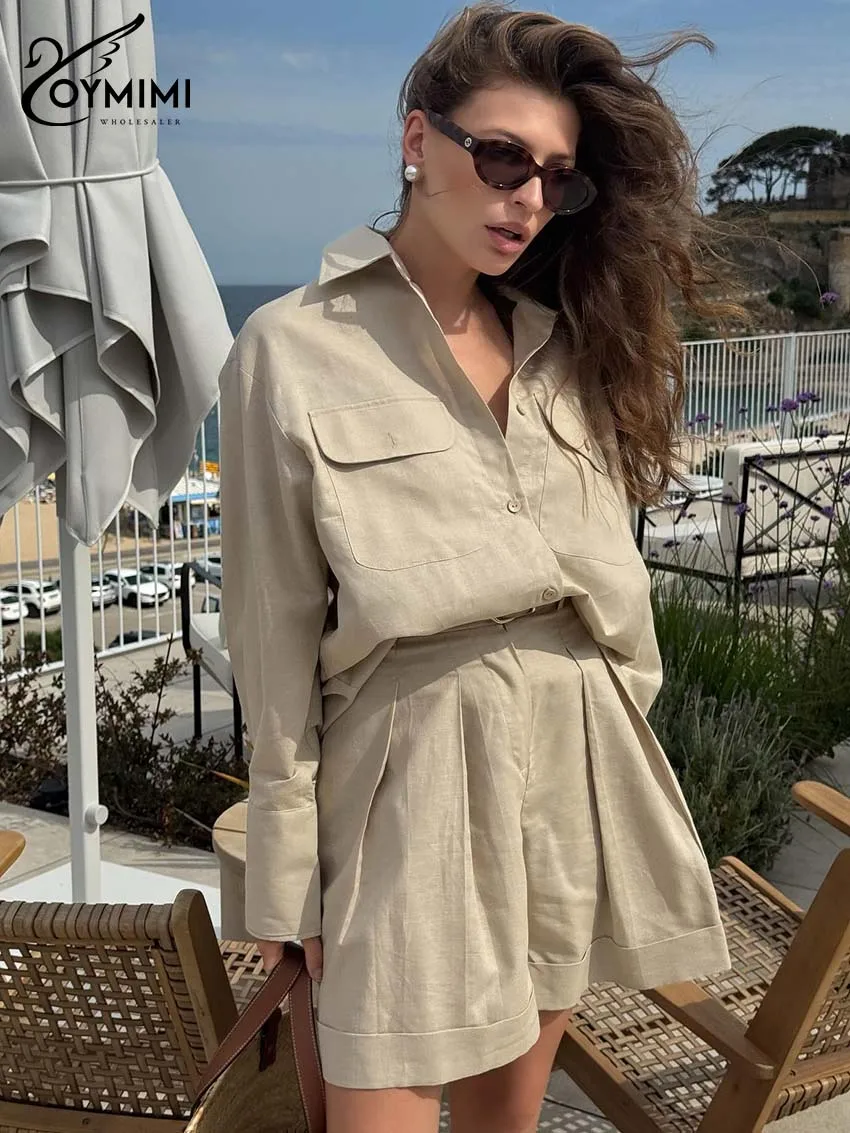 Oymimi-Conjunto informal de dos piezas de algodón caqui para mujer, camisas con botones y bolsillos de manga larga a la moda, conjuntos de pantalones cortos con cremallera de cintura alta