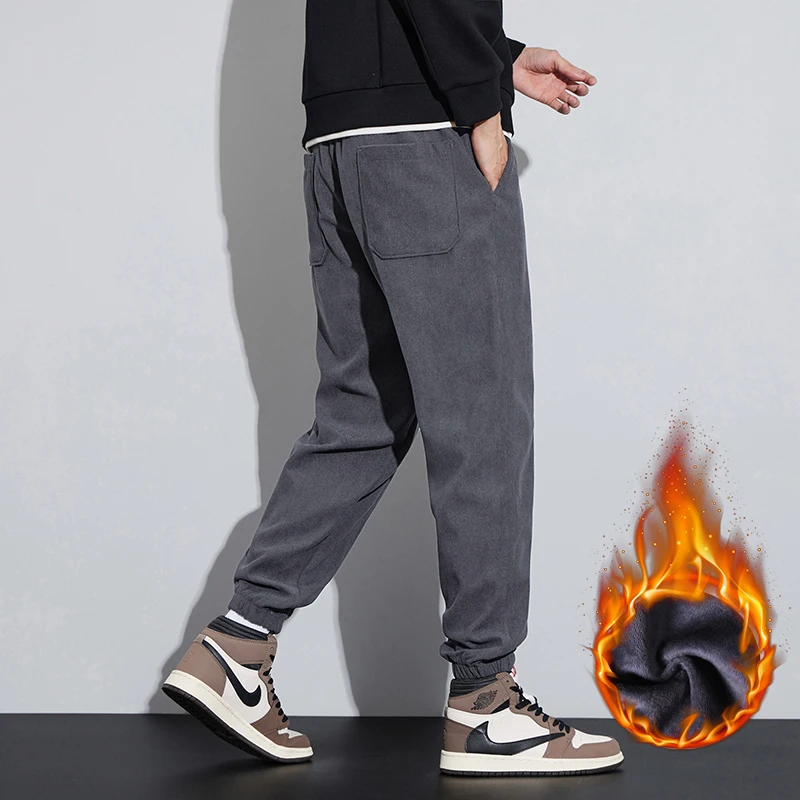 Men Corduroy Fleece Jogging Sweatpants Winter Warm Thicken Trendy Casual Pants Korean Leisure Trousers Bound Feet Male Pants