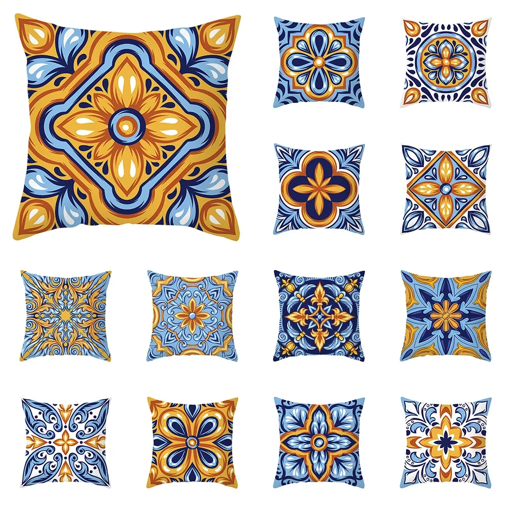 Vintage Abstract Yellow Blue Geometric Floral Cushion Cover For Sofa Car Office Pillowcase Home Decor