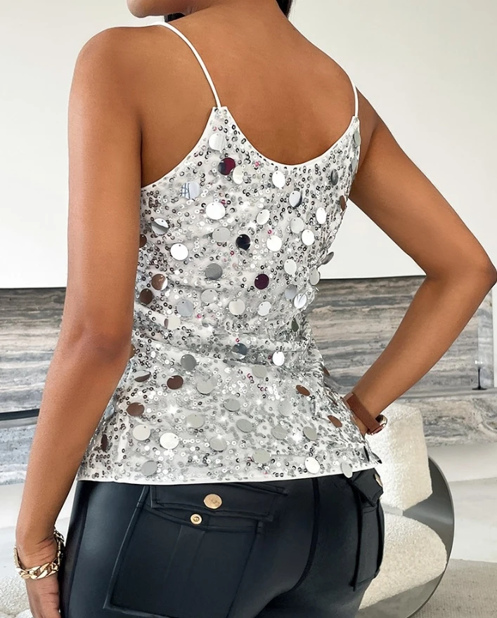 Allover Sequin V-Neck Spaghetti Strap Tank Causal Top