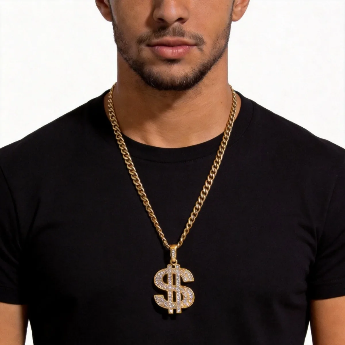 Hip Hop Dollar Sign Pendant Necklace, 18K Gold Plated $ Money Chain with Zircon, Unisex Bold Jewelry, Men Women Gift