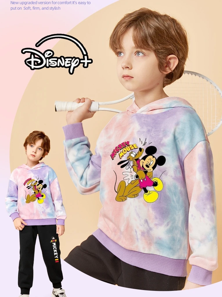 

Весенний комплект одежды для мальчиков с принтом тай-дай, детские толстовки с капюшоном с Микки Диснеем, пуловер, топ и штаны, костюм из 2 предметов, наряды