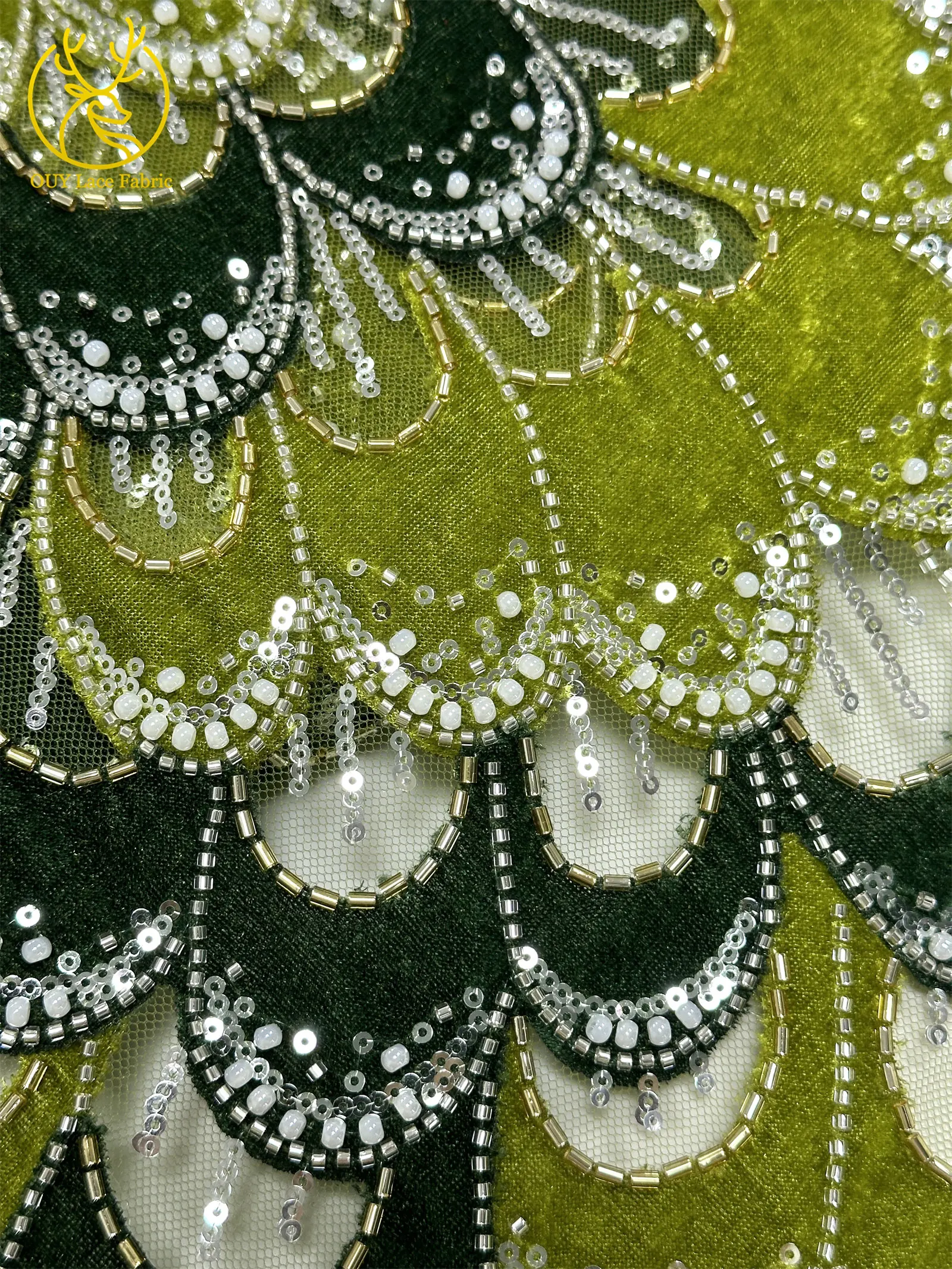 Marineblauer nigerianischer DIY handgefertigter bestickter Samtstoff mit Perlen und Pailletten, afrikanischer Spitzenstoff für Abend- und Hochzeitskleider – Detail 11