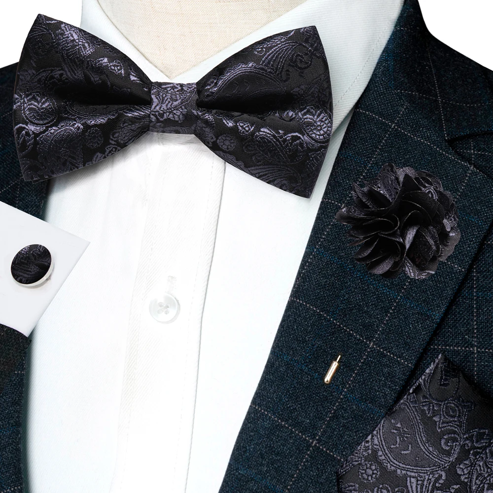 Champagner-Seiden-Jacquard-Paisley-Fliege für Herren, Brosche, Einstecktuch, Manschettenknöpfe-Set, vorgebundene Fliege mit Schmetterlingsknoten für Männer, Hochzeit, Geschäft – Detail 25