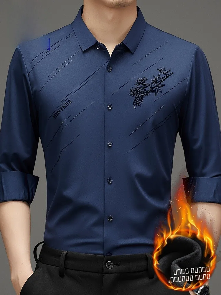 

Мужская зимняя повседневная рубашка с длинным рукавом на флисовой подкладке из полиэстера для мужчин среднего возраста, модная деловая одежда для джентльменов