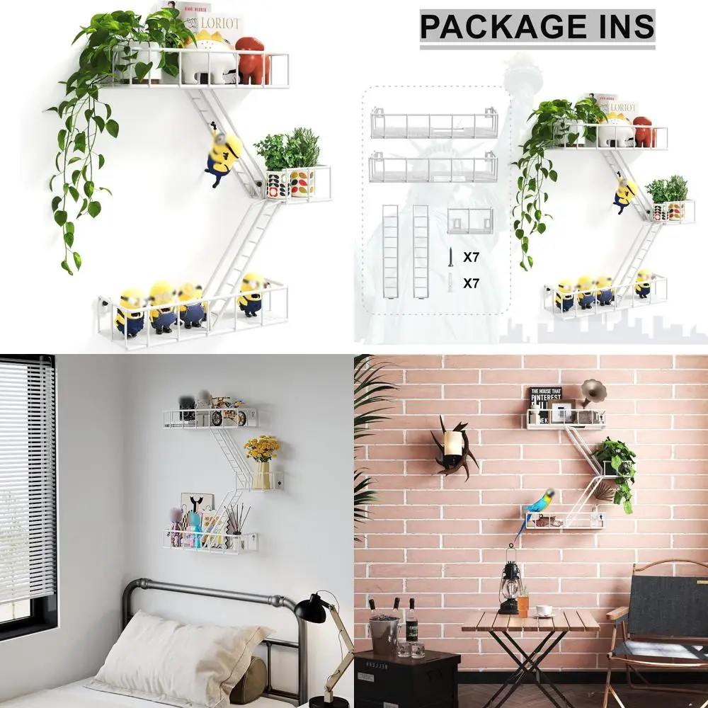 

3-Tier White Metal Fire Escape Wall Shelf with Baskets - New York Themed Action Figure Display, Rustic Floating Decor for Rooms