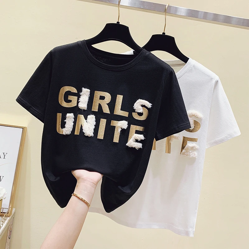 Summer Letter T Shirt Women Korean Fashion Thin Tshirt Short Sleeve Beading Print Tee Shirt Femme Tops