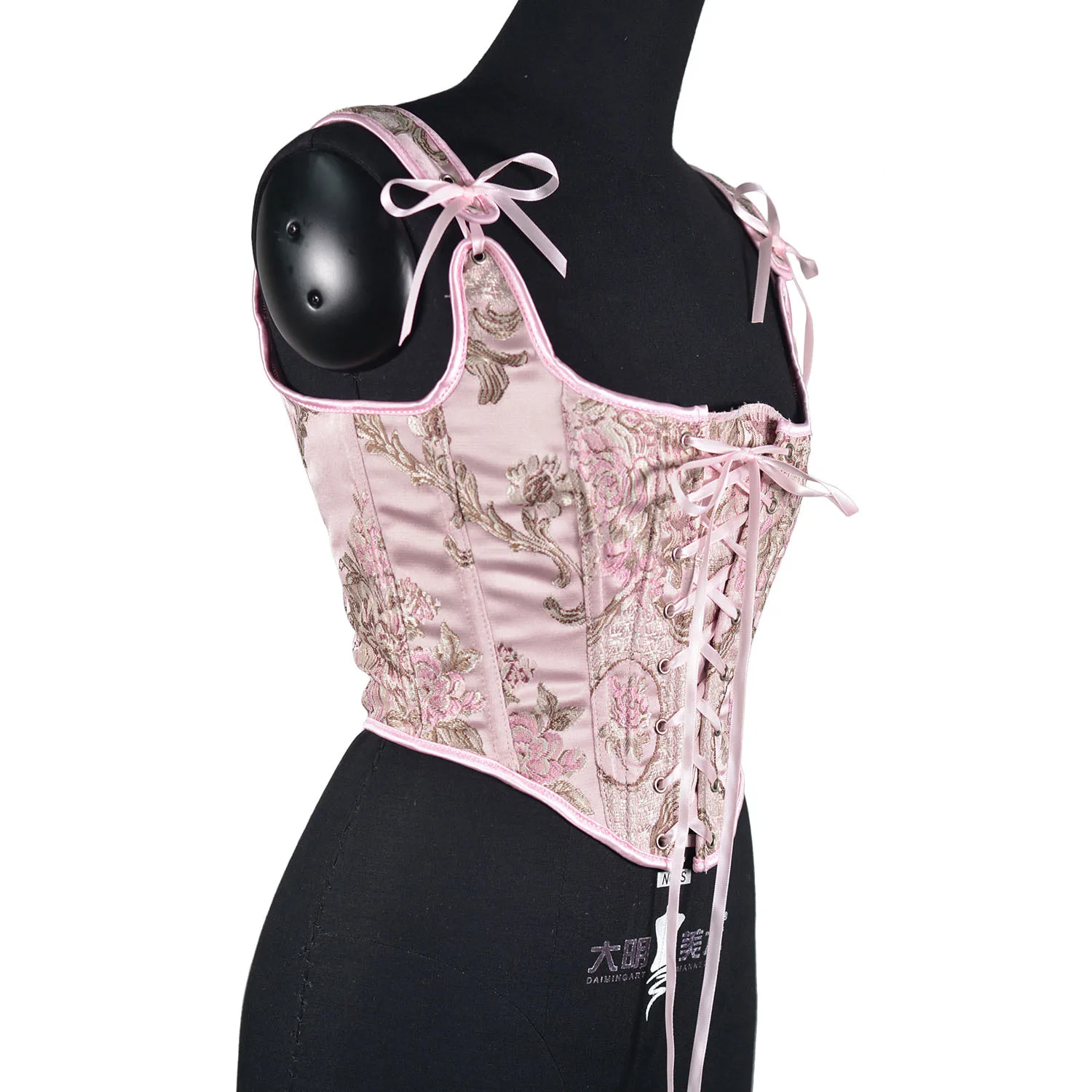Women Pink Floral Print Vintage Overbust Bustier LaceN up Boned Fitted Party Tops