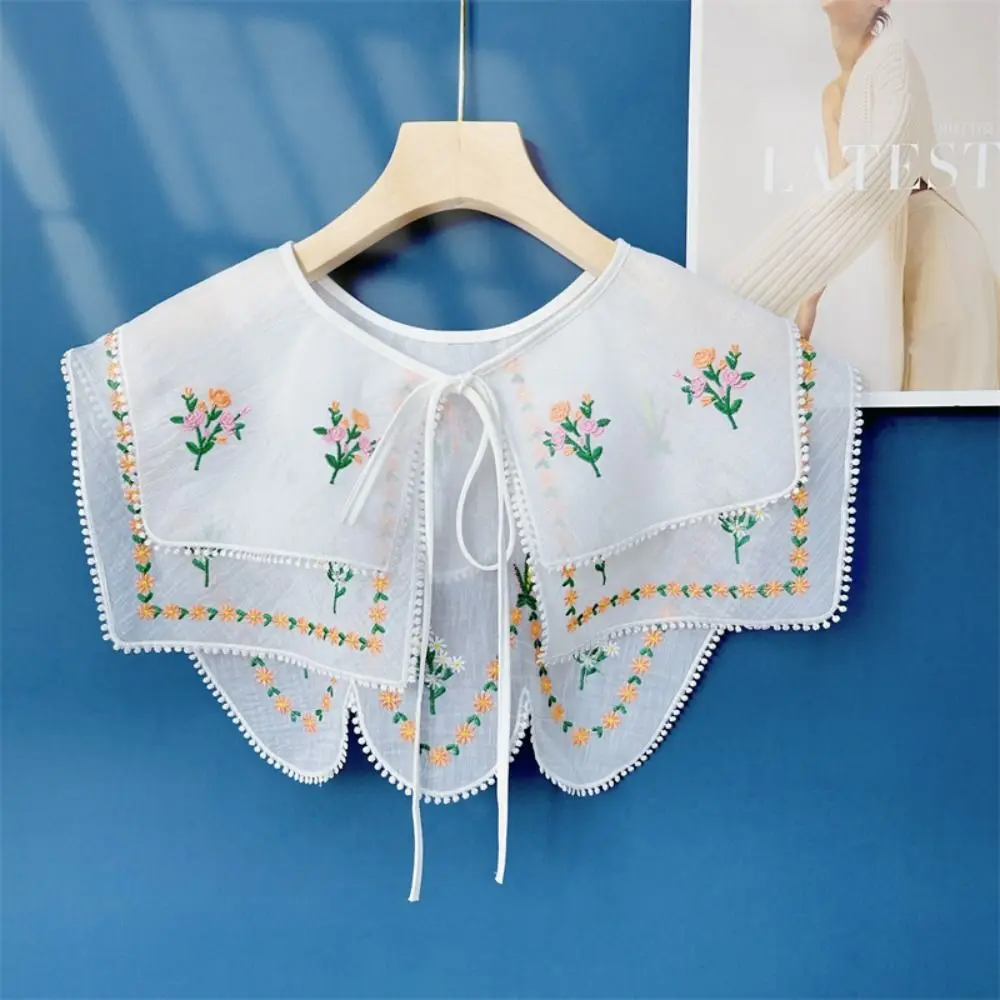 Cape Embroidered Floral Fake Collar Countryside Style Double-layer Lace Blouse False Collars Embroidery Wraps Flower Scarves