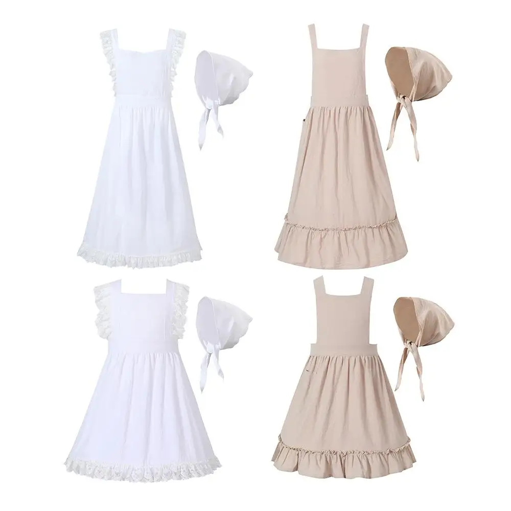 Retro Style Pure Color Apron Set with Ruffle  Maid Costume Women's Clothing Traditional Chinese Ethnic Stage Performance