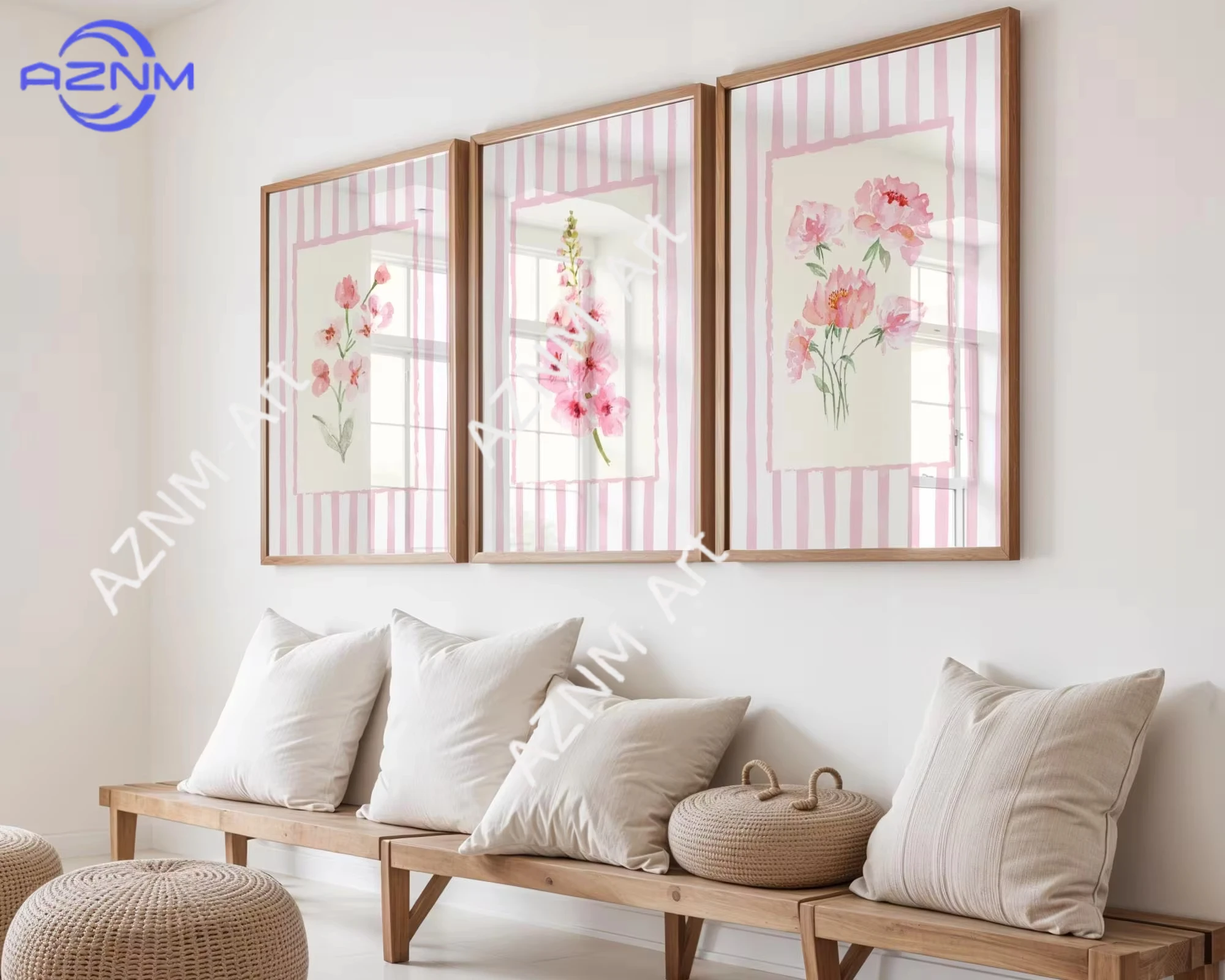 1PC/3PCS Pink Flower Art Canvas Poster Stripes Grandmillenia