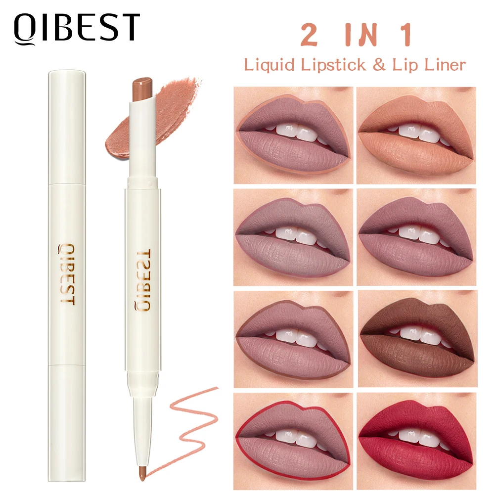 QIBEST Makeup 2 in 1 Matte Lipstick & Lip Liner Nude Lip Stick Pencil Waterproof Make up Cosmetics Lip Balm Matt Cream Lipliner