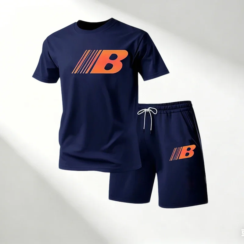 

Men's Casual Round Neck T-Shirt + Shorts Two Piece Set Breathable Quick Dry Summer Fitness Sportswear Running Gym Hot Sale