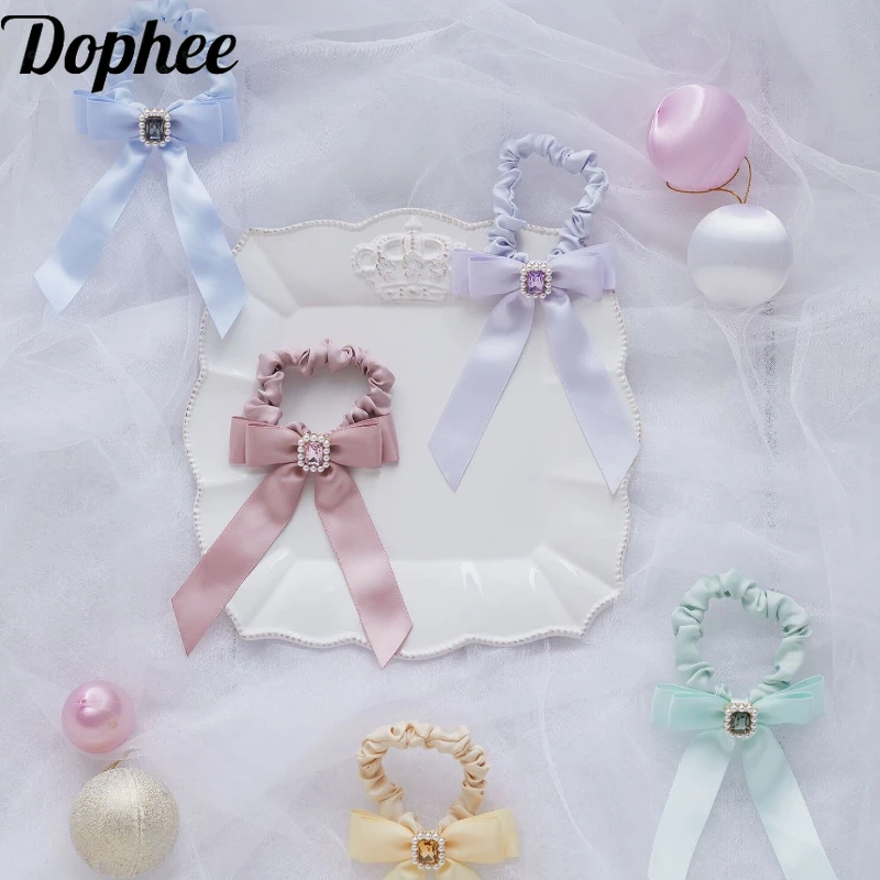 Dophee Original Japan Style Multicolor Ribbon Bow Women Headwear Macarone Hair Ornaments Pearl Gemstone Cute Fresh Hair Ties