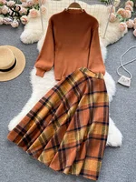 SINGREINY Women Retro Sweater Suits 2024 Fashion Lantern Sleeve Sheath Knitted Top+Elastic Loose Long Skirt Two Pieces Sets - Image 2