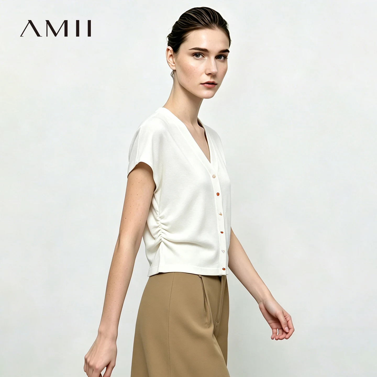 Amii Women's Cardigan 2026 Summer New Color Contrast Buttons Cap Sleeve Cropped Knit Top V Neck Casual Short Sweater 12622211
