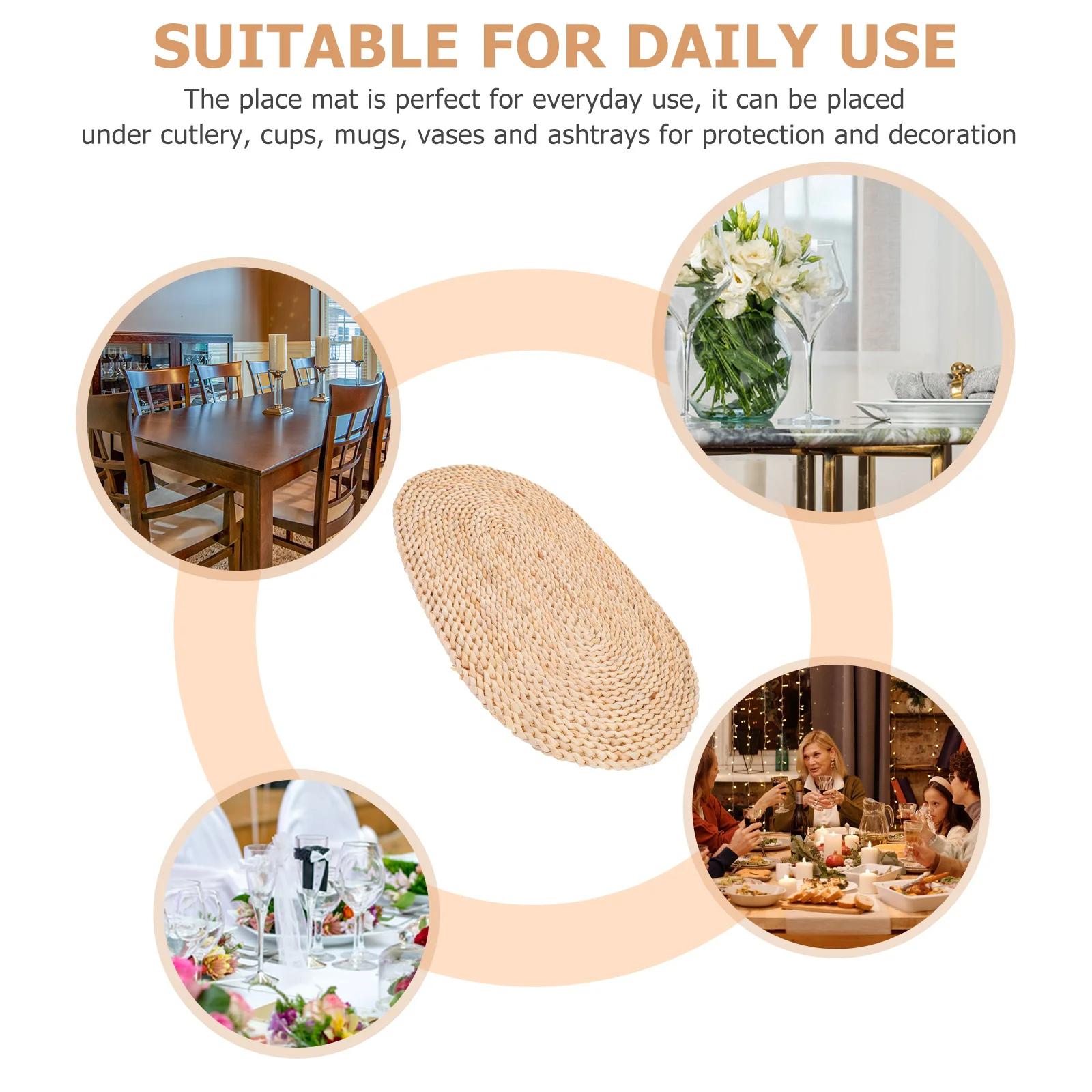 مفارش كبيرة منسوجة من القش، مفرش طاولة مضفر، شكل بيضاوي ريفي، طاولة طعام مقاومة للحرارة، حصيرة مكان مزخرفة