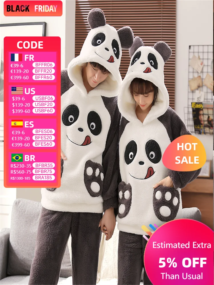 2024 New Winter Couple Pajamas Sets Thicken Women Men Pajama Sleepwear Cartoon Soft Warm Lovers Adult Homewear Hoodies Pyjamas