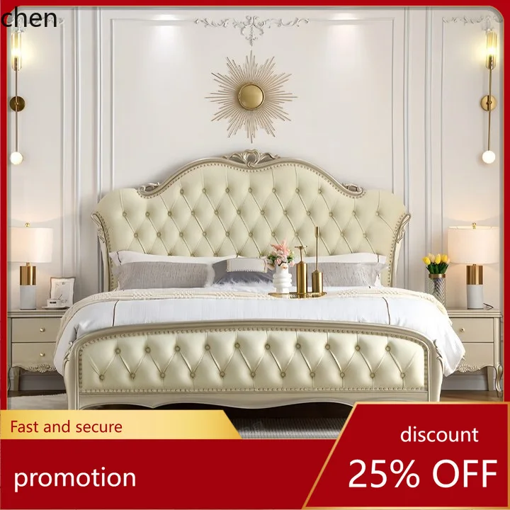 

HT Solid Wood Double Bed 1.8m Master Bedroom Light Luxury Large Bed 1.5m High-end Princess Wedding Bed