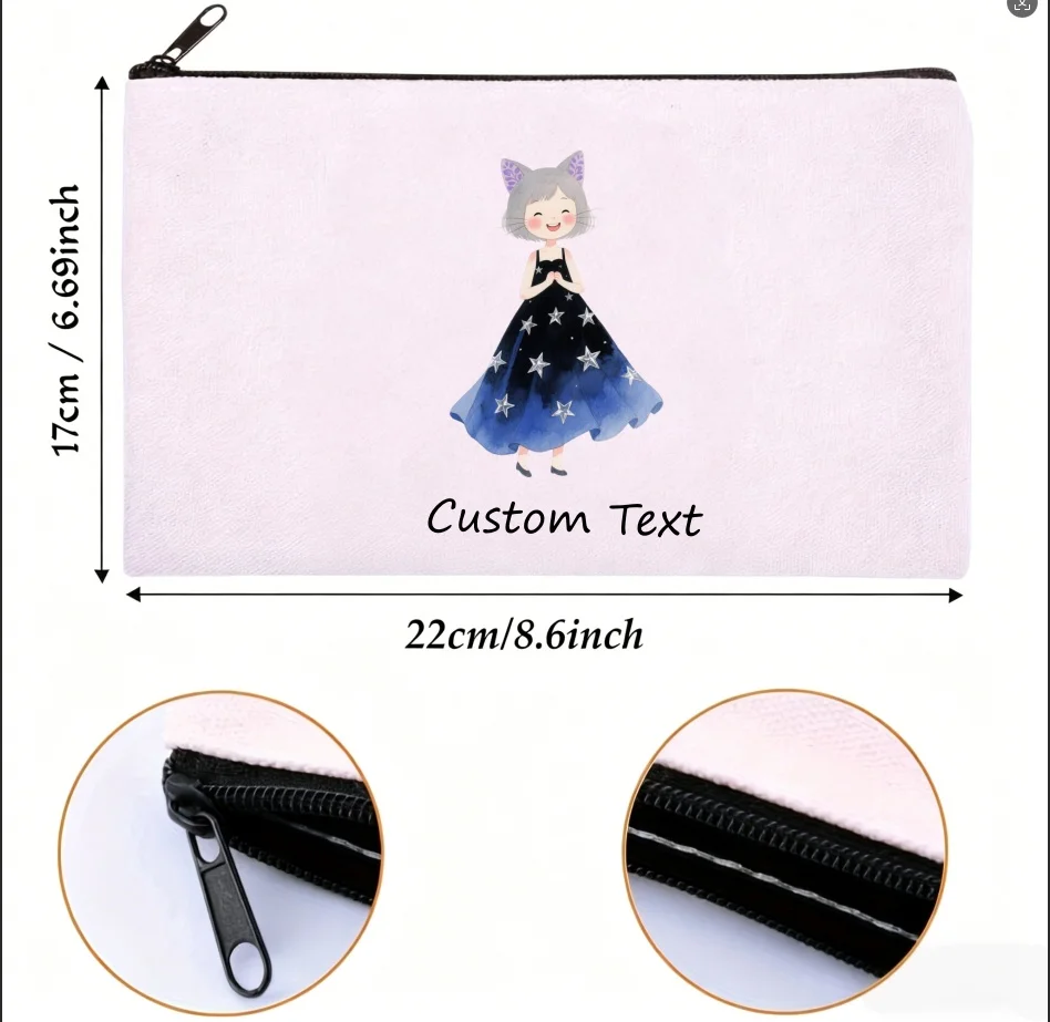 1PC Custom Text Cat Ear Girl Cosmetic Pouch Starry Dress Cartoon Girl Zipper Makeup Bag Personalized Canvas Storage Gift