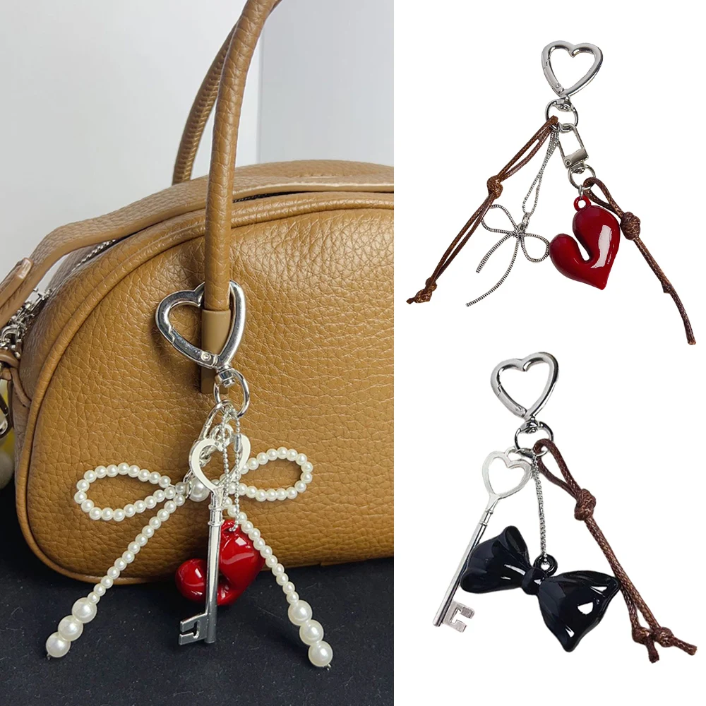 Y2K Women Keychain Pendants Sweet Bag Decoration Bag Pendant Fashion Phone Ornament Hand Woven Heart Bow Key Rope Bag Charms