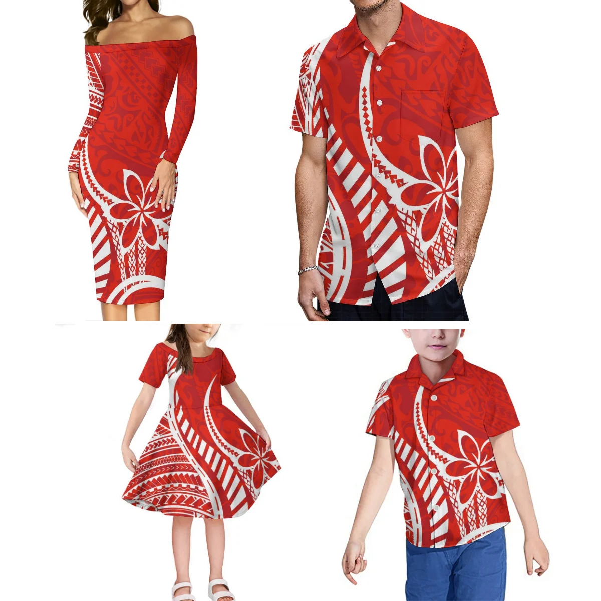 Samoa Polynesian Island Style Family Set Hawaiian Women'S One-Shoulder Dress And Men'S Shirt Matching Girls' Dress And Boys' Top