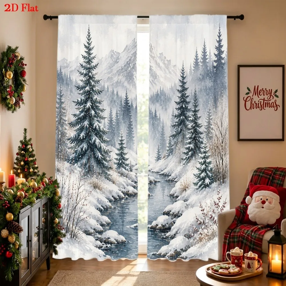 2PCS Scenic Curtains, Winter Snow Forest River Mountains, Digital Print, Bedroom Living Room Kitchen, Rod Pocket, Home Decor