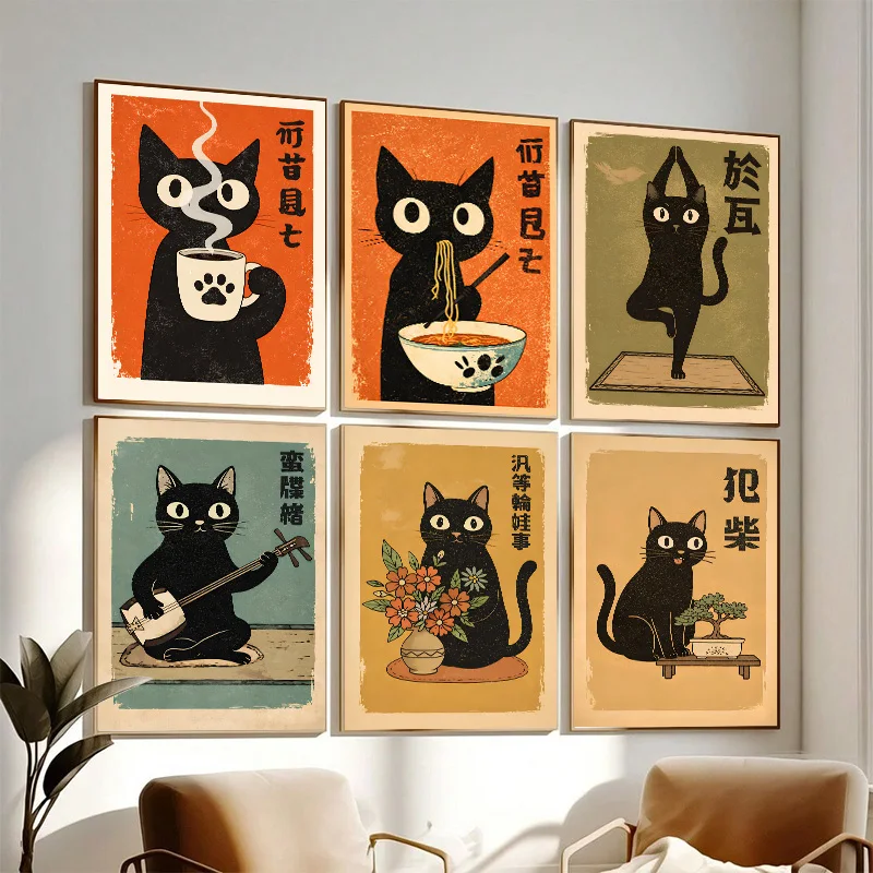 Retro Japanese Cat Poster Cute Black Cat Drinking Coffee Eating Ramen Wall Art Print Decorative Painting Home Decor for Bedroo
