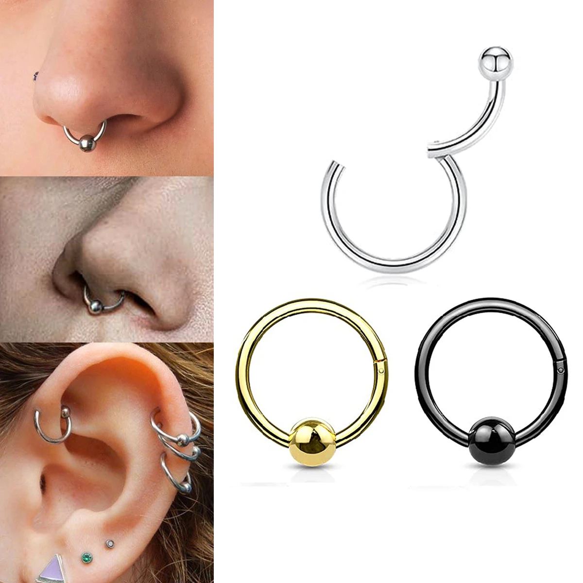 1-3 uds 16G anillo de nariz con bisagras aro Clicker tabique nariz/labio cartílago Tragus Daith Helix Lobe Rook Earr Pierecing pendiente del lóbulo de la oreja