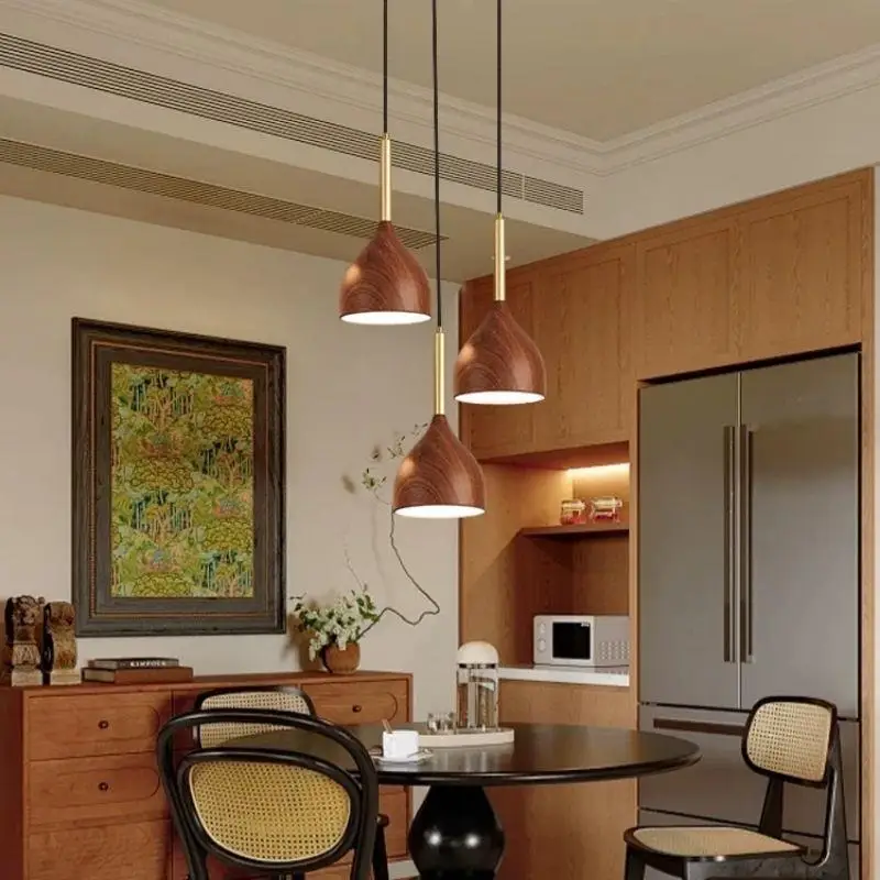 New Chinese Style Three-headed Restaurant Chandelier Modern Minimalist Creative Wood Grain Bedside Dining Table Indoor Lighting