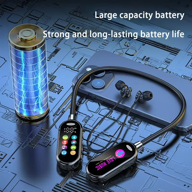 بلوتوث 5.4 سماعة معلقة للرقبة شاشة LED HiFi صوت سماعات أذن لاسلكية سماعات ألعاب رياضية بشريط حول الرقبة