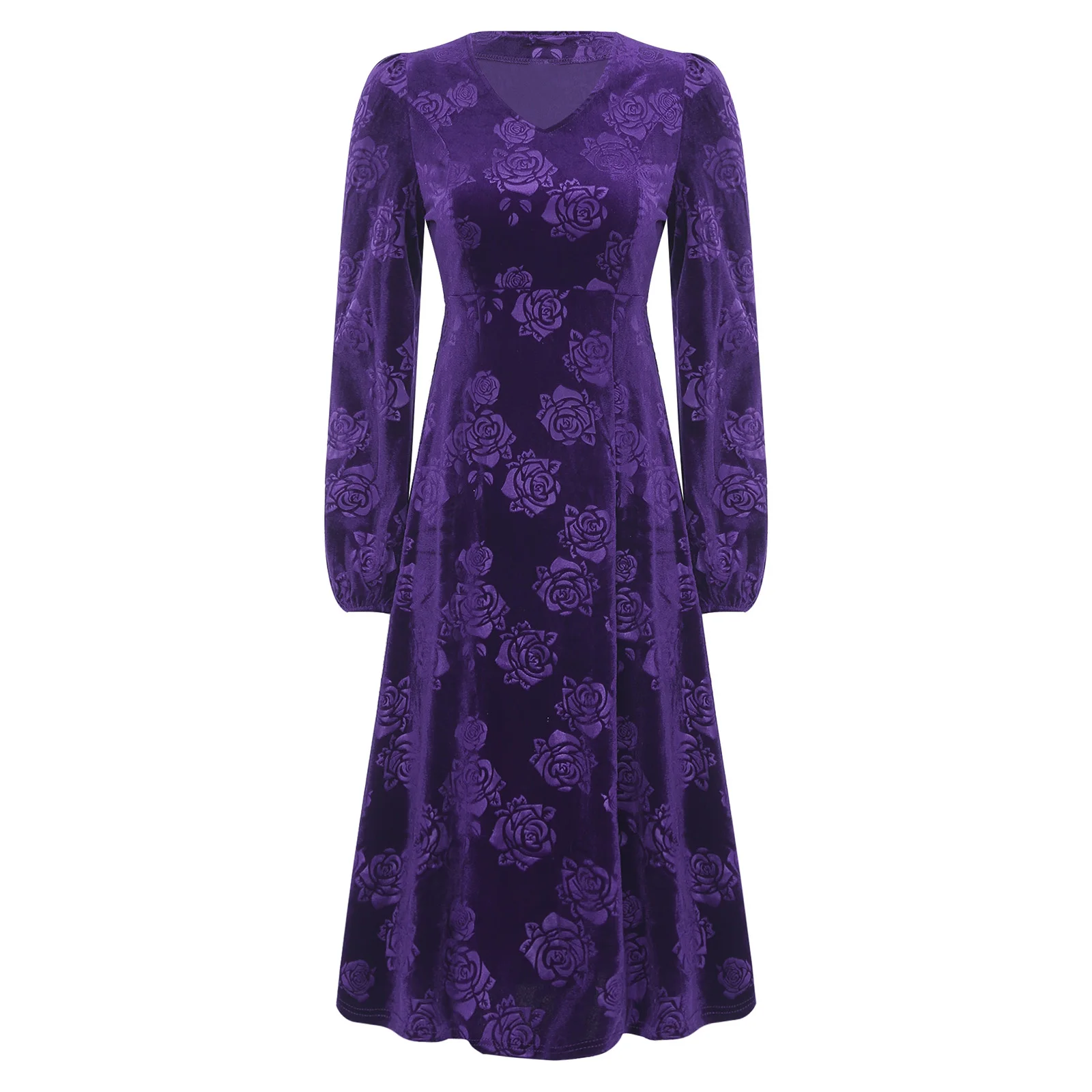 Womens Vintage jaren 1920 Flapper fluwelen jurk Rose Jacquard V-hals lange mouw A-lijn midi-lengte jurk voor cocktails bruiloften feest