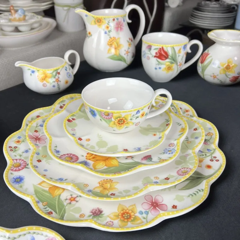 

Porcelain Easter Tulip Dinnerware Service Plates, Tea Cup Saucer, Coffee Mug, Vase Storage Box, Creamer for Home Kitchen