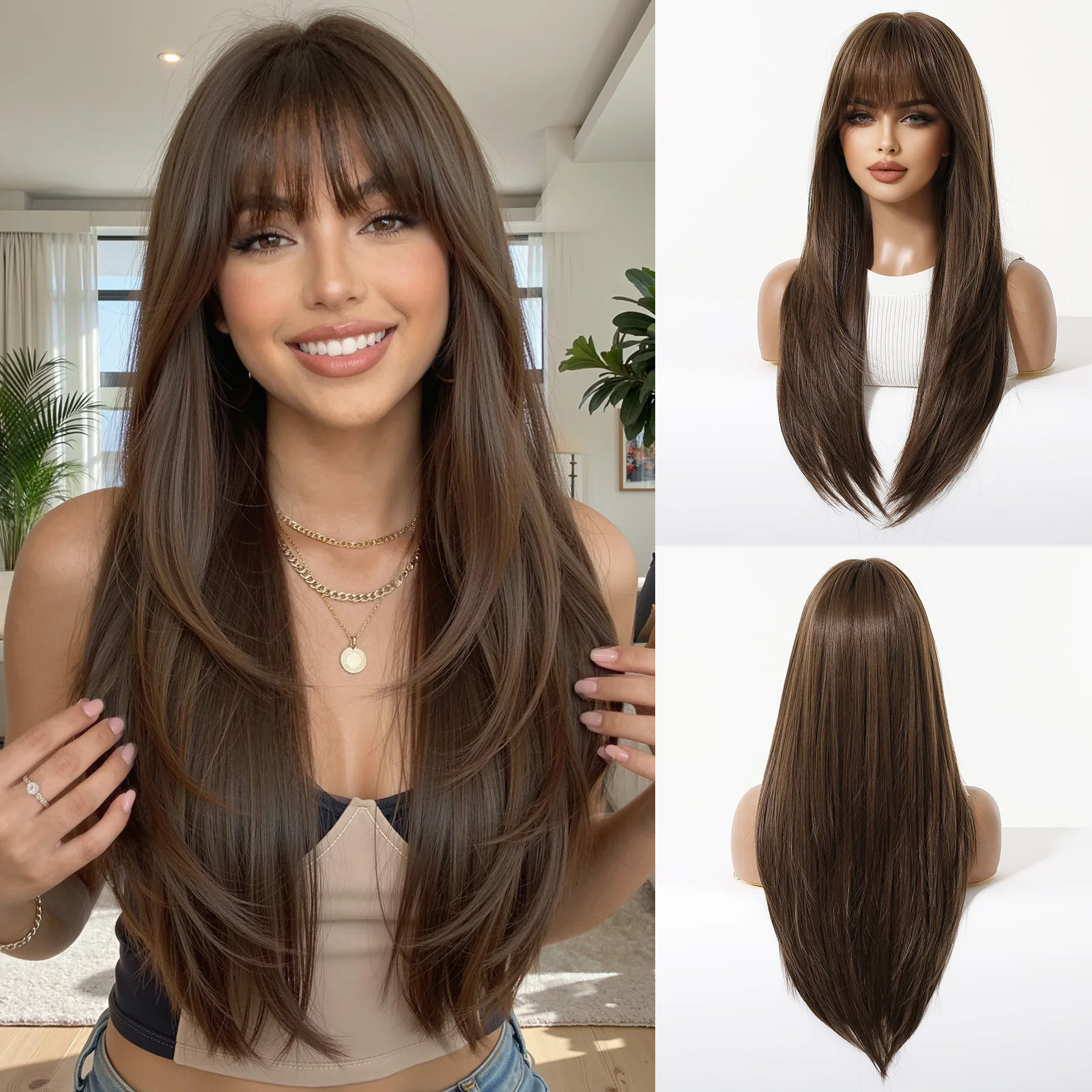 ALAN EATON Dark Brown Long Straight Synthetic Wigs with Bangs for Women Natural Looking Wig Heat Resistant Daily Party Cosplay