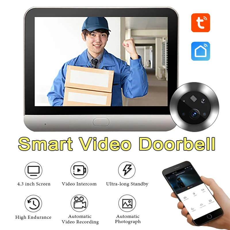 

Умный видеодомофон Tuya, 4,3-дюймовый ЖК-цифровой дисплей, Wi-Fi, глазок, камера для просмотра дверей, камера для мобильного телефона, камера дистанционного мониторинга