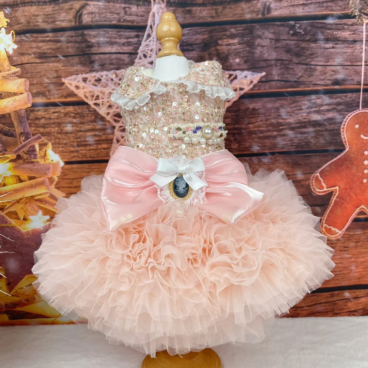 Pink Champagne Pet Dog Clothes Fashion Handmade Sequin Pearl Lace Bow Party Princess Dress For Small Medium Dog Warm Puppy Coats