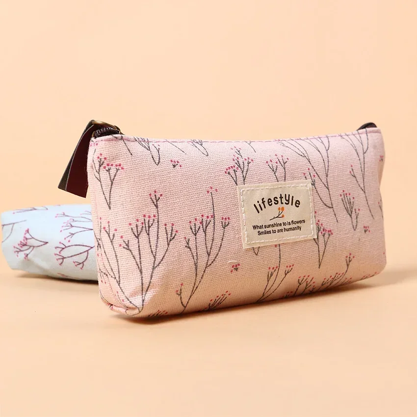 Cute Cosmetic Bag Floral Flower Canvas Zipper Pencil Cases Lovely Fabric Flower Tree Pen Bags School Supplies Free Shipping